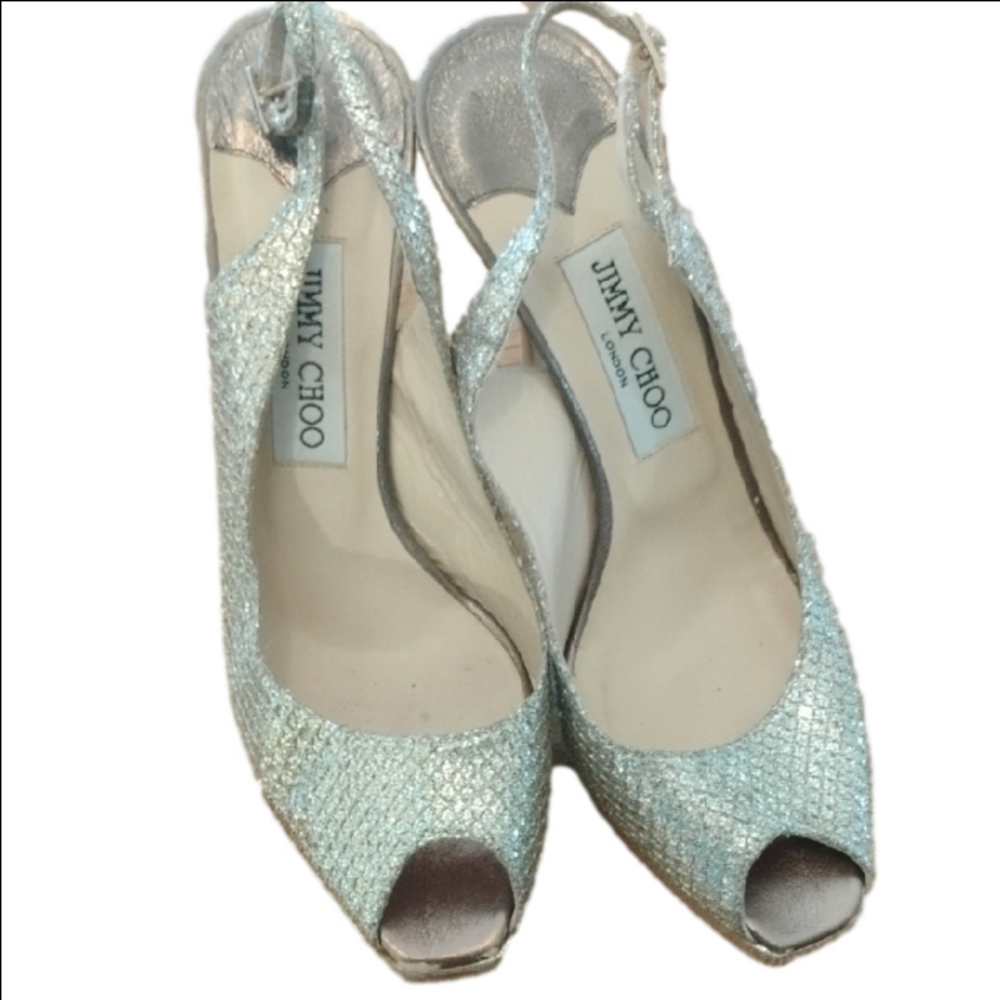 Jimmy Choo Silver Heels Size 38 1/2.( See Measurements) Some Wear.